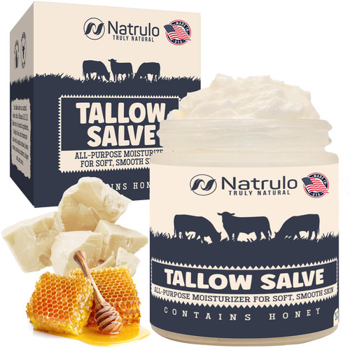 Beef Tallow Salve – All Natural Grass Fed Beef Tallow & Honey All Purpose Balm – Moisturizing Body Salve Great for Eczema, Cracked, Dry, Itchy, Irritated Skin – Skin Repair Skincare Made in USA