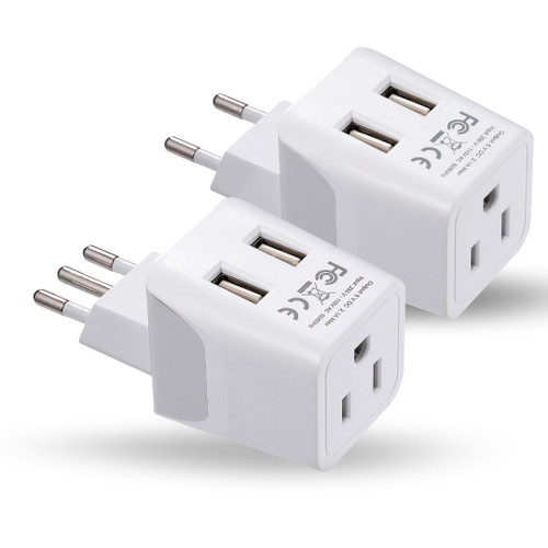 Ceptics Italy, Europe Travel Adapter Plug Set - 2 Pack - with 2 USB + USA Socket Input - Type L and Type C - Ultra Compact - Safe Grounded Perfect for Cell Phones, Laptops, Camera Chargers