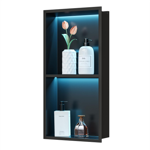 Qeke Stainless Steel Shower Niche 12" X 24", 2-Tiers No Tile Needed Wall Niche with RGB Led Light, Recessed Shower Shelf for Bathroom Storage Over Mount Installation, Matte Black