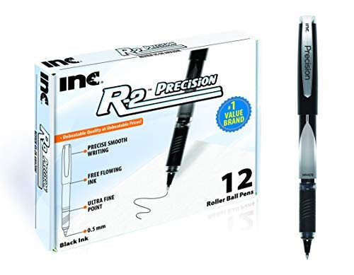 Inc. R2 Precision Rollerball Pens - 0.5 mm Ultra Fine-Point Pen Set With Comfort Grip for School, Office, Writing, and Journaling, 12 Pack, Black Ink