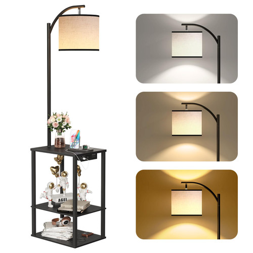 SUNMORY Floor Lamp with Table, End Table for Living Room with Lamp, Shelves Side Table with Charging Station(USB & AC Port), 3 Color Temperature LED Bulb, Modern Nightstand Lamp for Bedroom, Office