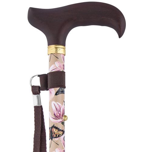 legant Adjustable Folding Cane - Lily & Butterfly Derby, Dark Beechwood Handle, Gold Collar, Tan Shaft with Pink & White Lilies, Monarch & Swallowtail Butterflies, Perfect Spring Accessory