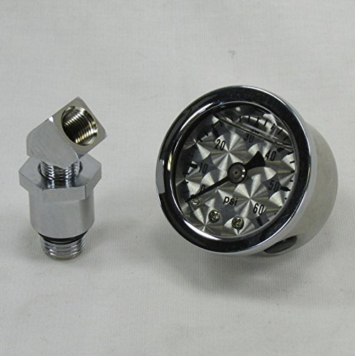 Marshall 60 psi Oil Pressure Gauge w/Adapter Fitting 1970-Later Harley Big Twin, Shovelhead, Evolution - Shock Proof, Liquid Filled - Machine Turned Style Gauge Face - Bobber Chopper