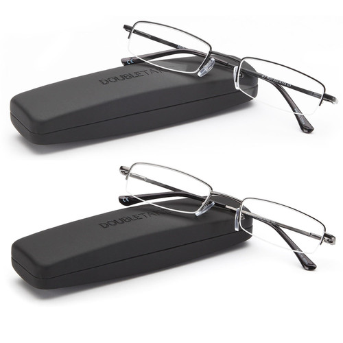 DOUBLETAKE Reading Glasses - 2 Pairs Compact Case Semi Rimless Readers