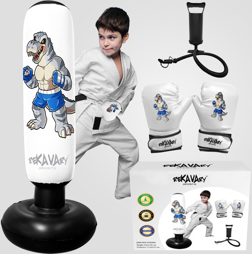 Punching Bag for Kids - 5' 3" Tall and Stable - Ninja Inflatable Punching Bag Combo Kit with Kids Boxing Gloves, a Pump and Repair Kit. Boxing Bag for Immediate Bounce Back (White Dino)