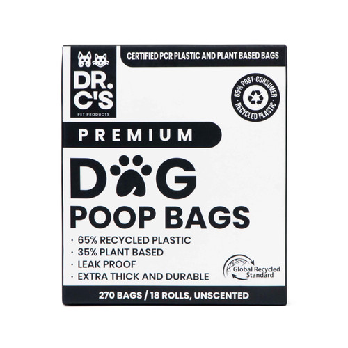Certified 65% PCR (Post Consumer Recycled) Plastic and 35% Plant Based Dog Poop Bags - Dr. C's ONE OF A KIND Dog Poop Bags - 120 Bags / 8 Rolls, NO NEW PLASTICS USED, Unscented, Earth Friendly