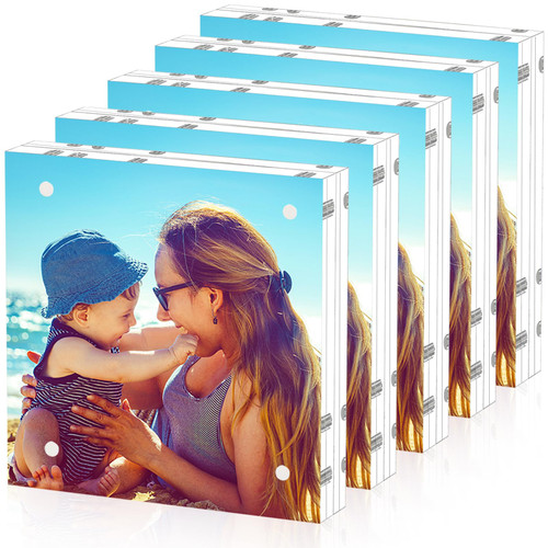 HELPLEX 5 Pack 5x5 Acrylic Picture Frames, 20mm Thicker Frameless Clear Frame Double Sided Magnetic Frame, Free Standing Desktop Display Stand Acrylic Frames