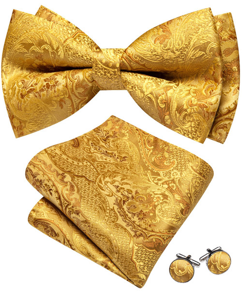 Barry.Wang Gold Bow Tie for Men Paisley Silk Pre-Tied Bowtie Pocket Square Cufflinks Set Formal Tuxedo Wedding Party Prom