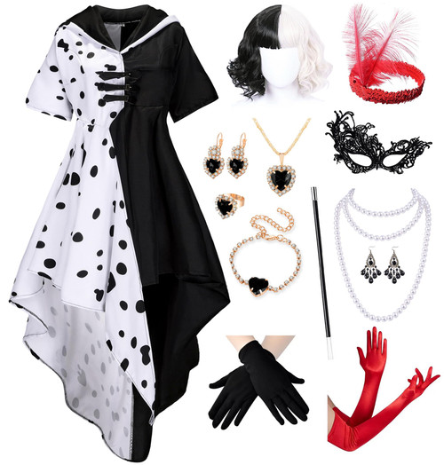Mecamelon 13Pcs Women's Dalmatian Black and White Costume Dress with Wig Gloves Accessories Party Outfit (White, XXX-Large)