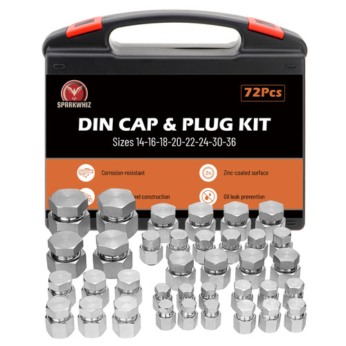 72Pcs DIN Heavy Duty Cap & Plug Assortment Hydraulic Adapter Fitting Kit Set, Galvanized Steel with Precision Threading Dash Sizes 14 16 18 20 22 24 30 36