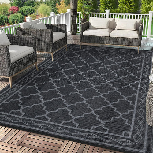 Garvee Large Outdoor Rugs 9x18 Waterproof Reversible Outdoor Plastic Straw Rugs, Easy Cleaning Patio Camping Carpet, All-Weather Outside Rugs for RV Patio Porch Deck Balcony (Grey/White)