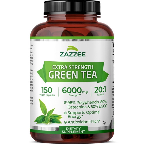 Zazzee Extra Strength Green Tea 20:1 Extract, 6000 mg Strength, 50% EGCG, 98% Polyphenols and 80% Catcehins, 150 Vegan Capsules, 5 Month Supply, Standardized and Concentrated 20X Potency, Non-GMO