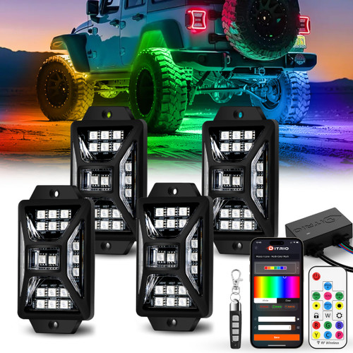 4 Pods Five Sided RGB Rock Lights for Trucks Jeep UTV SUV ATV Golf Cart, Multi Chasing Color App/Remote Control Led Rock Lights with Music Mode, Waterproof Exterior Underglow Kits for Cars