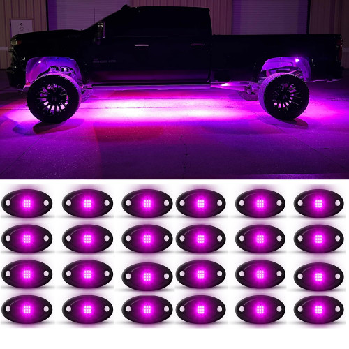 Purple Pink Rock Light 24pods 6000k Pure Purple Led Rocks Lights kit Ip68 Waterproof 47inch Extension Wires for ATV Rv Utv SUV Offroad Pickup Trucks Golf Boat Cars Fender Underglow Lighting