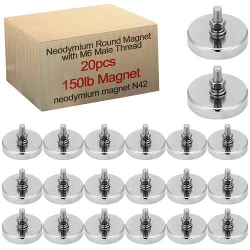 Therwen 20 Pack 150 lb Magnet with M6 Male Threaded Stud Heavy Duty Powerful Neodymium Round Magnets with Nut and Washer for Lighting, Camera, Brackets Other Equipment