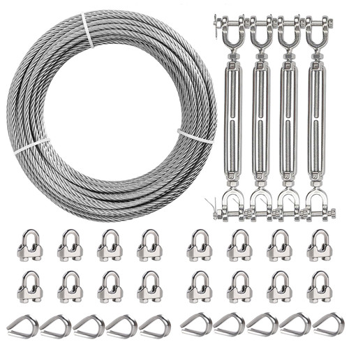 hannger 1/4" Wire Rope Kit, 50ft Stainless Steel Cable with 4Pcs 1/4 Turnbuckle, Clamp & Thimble, 7x19 Strands Heavy Duty Metal Cable,1400 lbs Load Limit, Turnbuckles for Cables Wire, Zipline