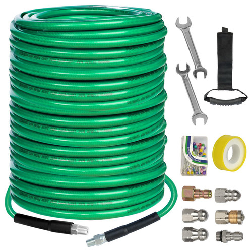 Hourleey Sewer Jetter Kit for Pressure Washer 200FT, 4000 PSI Drain Cleaner Hose 1/4 Inch NPT, Corner Rotating and Button Hose Sewer Jetting Nozzle Pearl Corsage Pin Tape Handle Strap Spanner, Green