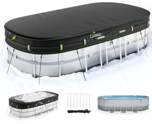 UIRWAY 12x24 FT Winter Oval Pool Cover with Reflective Strips for Above Ground Pool, Oval Solar Pool Cover Including Windproof Rope Tie and Luminous Ground Nails, Swimming Pool Cover with 2 Handles