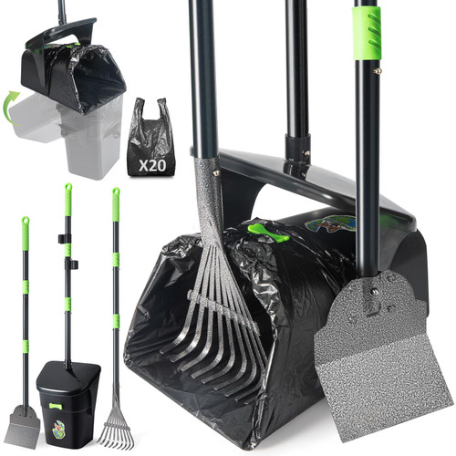 CHUICHUIHU Dog Pooper Scooper, Long Handle Adjustable Metal Swivel Bin & Rake & Spade Kit with 20 Waste Bags, Portable Heavy Duty Dog Poop Scooper for Gravel Lawn, Suit for Small Medium Large Dog