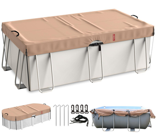 LXKCKJ 9x18 FT Rectangular Pool Cover for Above Ground Pool, Solar Oval Pool Cover Protection with Tensioner, Ideal for Rectangular/Oval Frame Pool Waterproof & UV-Resistant (Brown)