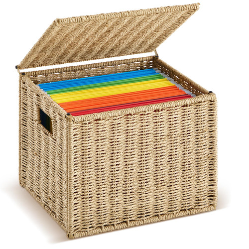 Jingmore Paper Rope File Box Organizers Collapsible Letter Size Filing Cabinet with Lid Woven Hanging File Basket Portable Decorative Document File Storage Box for Office/Decor/Home (Letter Size)