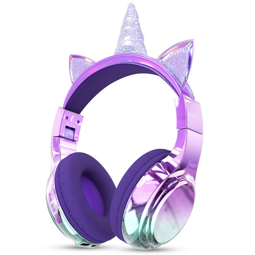 QearFun Kids Unicorn Bluetooth Headphones, 60H Playtime, 74/85/94dB Safe Volume Limit, Metallic Gradient Wireless Headset with Mic, Fast Charging, Foldable, Wired Mode for Girls School/Tablet/Travel