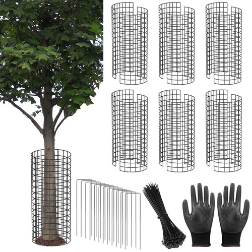 UQM Tree Trunk Protector, 12 Pcs Metal Tree Guards Trunk Protector with Glove & Metal Stakes & Zip Ties, 6 Pack Mesh Tree Bark Protector, Plant Protectors from Deer Animals Mowers Trimmers