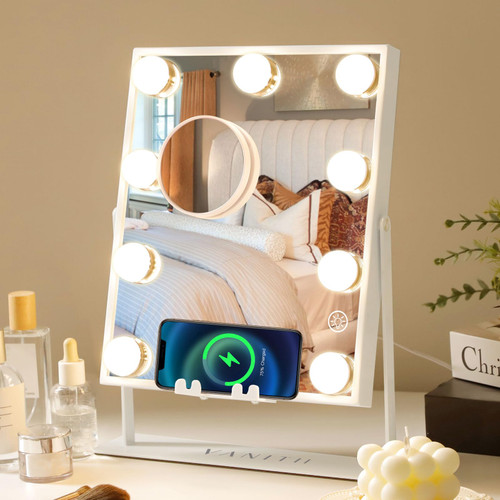 VANITII Vanity Hollywood Mirror with Lights Bluetooth Speaker Wireless Charger Light Up Makeup Mirror with 9 Bulbs for Tabletop Detachable 10X Magnifying, White