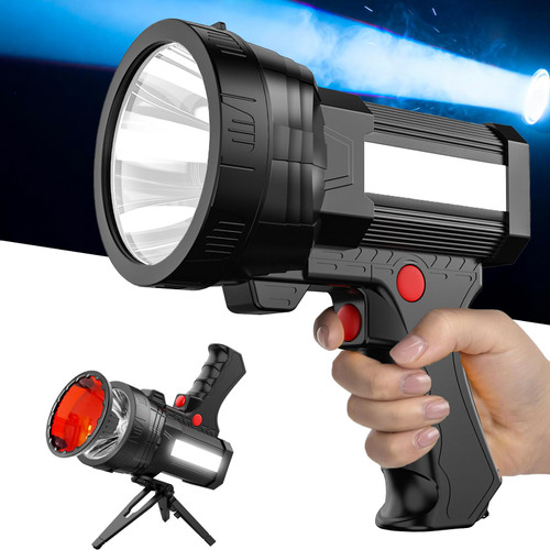BIGSUN Q953 Rechargeable Spotlight Flashlight, 100,000 High Lumen LED with COB Flood Light, Built-in 10,000 mAh Li-Ion Battery for Patrol, Working, Hunting, Red Lens and Hands-Free Tripod Included