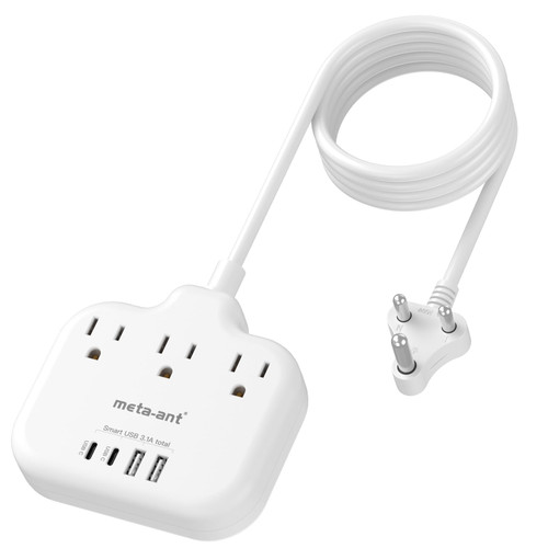 US to India Plug Adapter, meta-ant India Power Adapter with 3 American Outlets 4 USB Charger Ports(2 USB C), 5FT India Extension Cord, Type D Travel Adapter for USA to India Bangladesh Maldives Nepal