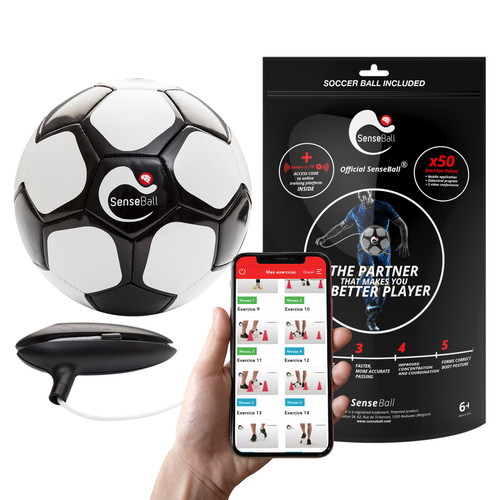 SenseBall Smart Soccer Ball Sensor with Improved App - Size 3, White/Black/Red - 50 Video Drills & Soccer Training Ball App - Improved Control & Smart Trainer