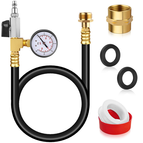 RV Winterizing Kit, 59'' Winterize Blowout Adapter with integrated Pressure Gauge, Sprinkler Winterization Kit, RV Winterize Hose with 1/4" Quick Connect Plug, for RV, Camper, Boat, Travel Trailer