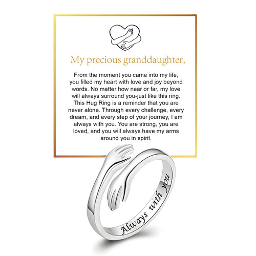 To My Granddaughter Hug Ring For Hope Rings, Inspirational Stainless Steel Engarved With Always With You Message Adjustable Ring for Women Non Tarnish Jewelry Gift for Her Birthday Christmas (Always With You-Silver)