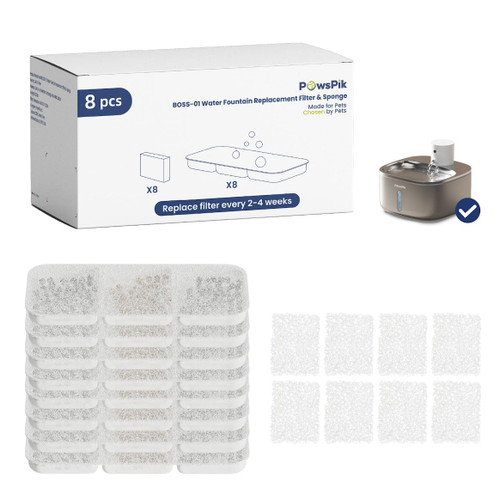 PawsPik® Replacement Filters for PawsPik BOSS-01 Wireless Stainless Steel Battery Operated Water Fountain, 8 Pack Filter & Sponges Set for 4 months of Replacement, 5 Layer Filtration