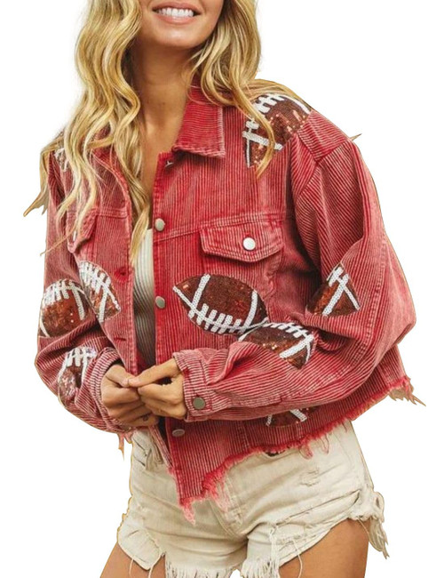 happlan Football Sequin Embroidery Rugby Cropped Frayed Hem Vintage Washed Corduroy Jacket Coat Shacket for Women(0459-Red-M)