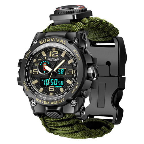 Kavie 23-in-1 Military Tactical Watch for Men, Multifunctional Outdoors Waterproof Survival Watches with Compass Whistle Fire Starter and Thermometer, Paracord Watch Bracelets with Outdoor Army Gear