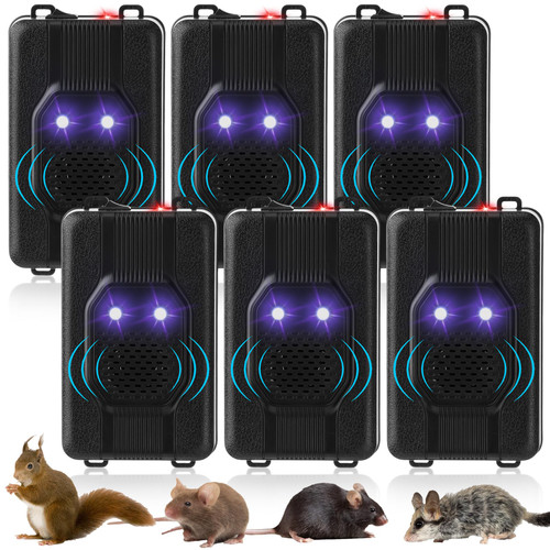 Qualirey 6 Pcs Ultrasonic Rodent Repellent for Car Engines Car Rodent Repeller Under Hood Battery Operated Rat Repellent with Strobe Light Keep Pest Squirrels Mice out of Garage RV Outdoor