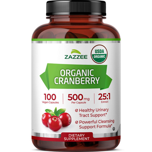 Zazzee USDA Organic Cranberry 25:1 Extract, 500 mg per Capsule, 100 Vegan Capsules, Over 3 Month Supply, Standardized, Concentrated 25X Extract, 100% Vegetarian, Certified Organic, Non-GMO All-Natural