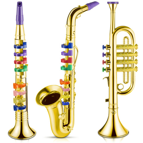 Lewtemi Set of 3 Saxophone for Kids Christmas Musical Instruments Toy Saxophone Toy Trumpet and Clarinet with 8 Colored Coded Keys Teaching Songs Gifts for Toddlers Children(Gold)