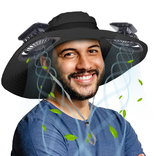 RoamRider Wide Brim Outdoor Fishing Hat with 2 Solar Fan, UPF 50+ Summer Hat for Man, Solar & USB Charging 180°Rotating Fan Hats, 3 Modes Adjustable Cooling Sun Fan Hat for Beach Garden Outdoor(Black)
