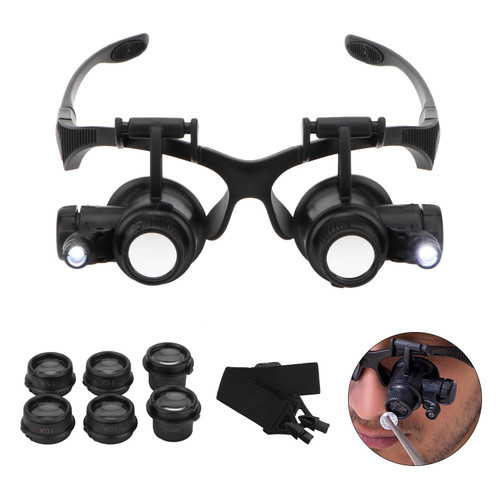Hands Free Headband Magnifying Glasses Magnifier with Light Jewelers Glasses Eye Loupe with 2 LED Lights 8 Replaceable Lens for Diamond Art Accessories Repair (10X 15X 20X 25X)