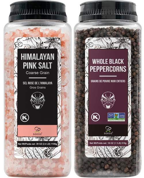 Soeos Himalayan Pink Salt 39 oz + Whole Black Peppercorns 18 oz, Coarse Grain, Kosher Salt for Grinder Refill, Salt and Pepper Grinder, Non-GMO Verified, Spice Seasoning Set for Cooking
