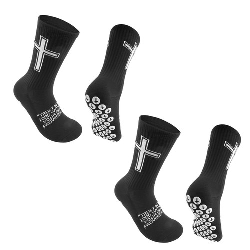Qoncosy Christian Soccer Socks, Cross Grip Anti Slip Religious Football Socks with Rubber Dots for Youth and Men (US, Alpha (Alpha), One Size, Regular, 2, black)
