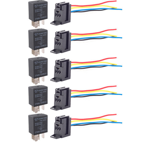 ESUPPORT Car Heavy Duty Relay Switch 12V 30A SPDT 5Pin Wire Socket Plug Harness Waterproof Electrical Automotive Pack of 5