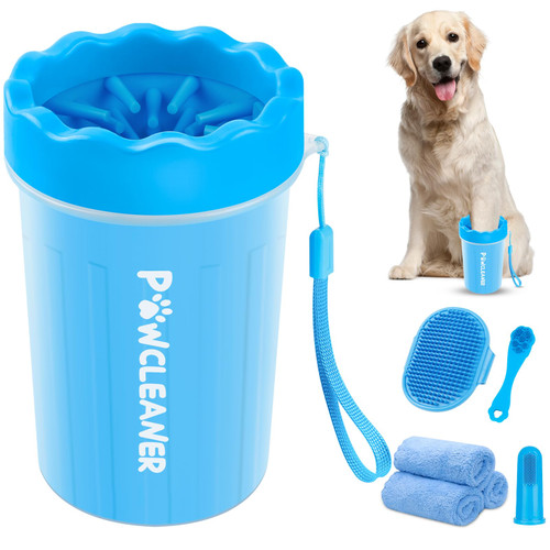 Professional 7 in 1 Dog Paw Cleaner for Dogs & Cats - Includes 1 Portable Paw Washer, 1 Bath Brush, 2 Dog Toothbrushes and 3 Absorbent Towels Note: Fits Paws 1.5 to 2.5 Inches Wide (Medium, Blue)