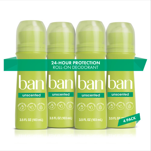 Ban Original Unscented 24-hour Invisible Antiperspirant, 3.5oz Roll-on Deodorant, 4-pack, Underarm Wetness Protection, with Odor-fighting Ingredients