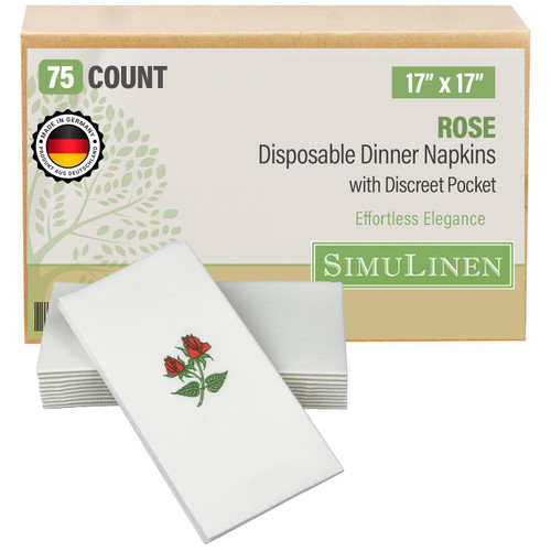 SimuLinen Double Rose Disposable Dinner Napkins with Pocket for Utensils, Decorative and Absorbent, Paper Napkins for Silverware, 17"x17", Box of 75