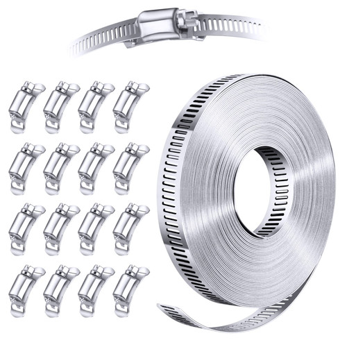 Steelsoft 304 Stainless Steel Hose Clamp Assortment Kit DIY, Cut-To-Fit 35 FT Metal Strap+16 Stronger Fasteners, Large Adjustable Worm Gear Hose Clamps Screw Clamps Duct Pipe Metal Clamp Strapping