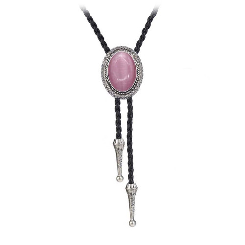BRBAM Oval Natural Stone Pendant Bolo Tie Necklace Retro Gothic Style Necktie Gift (Pink), Medium