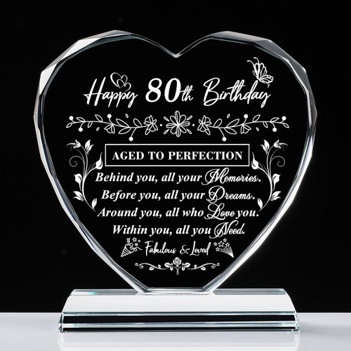 QIANRUNA 80th Birthday Gifts for Women Men, Laser Glass Heart 80th Birthday Decorations Ideas, Happy Birthday Gifts for 80 Year Old Men Women Husband Wife Mom Dad Friend